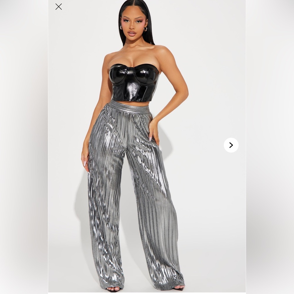 Silver Wide-Leg High-Waisted Pants